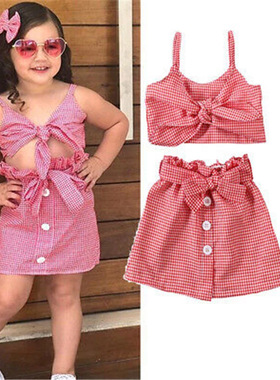 速卖通ebay跨境童装 2021新款婴幼童蝴蝶结格子吊带+短裙套装