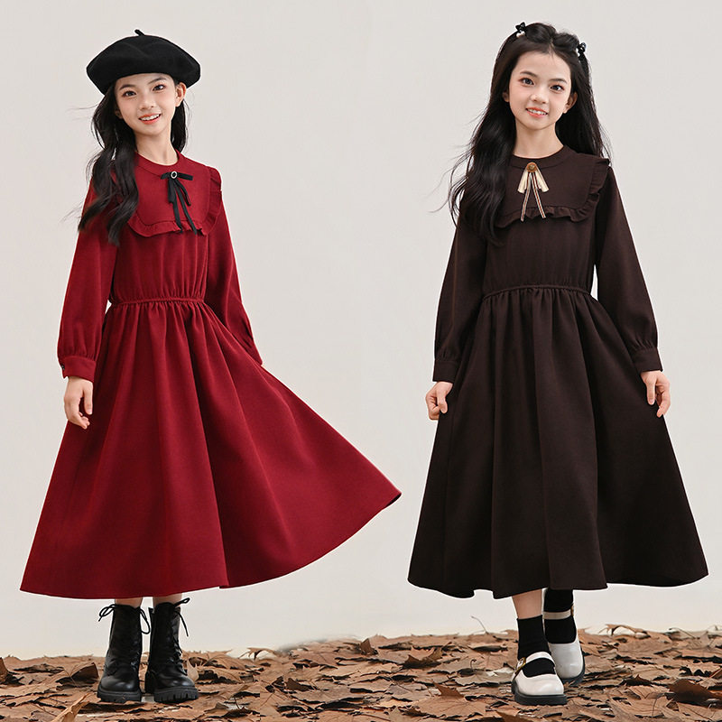 工厂直销女童长袖红色连衣裙秋冬中大童洋气收腰修身加绒长款裙子