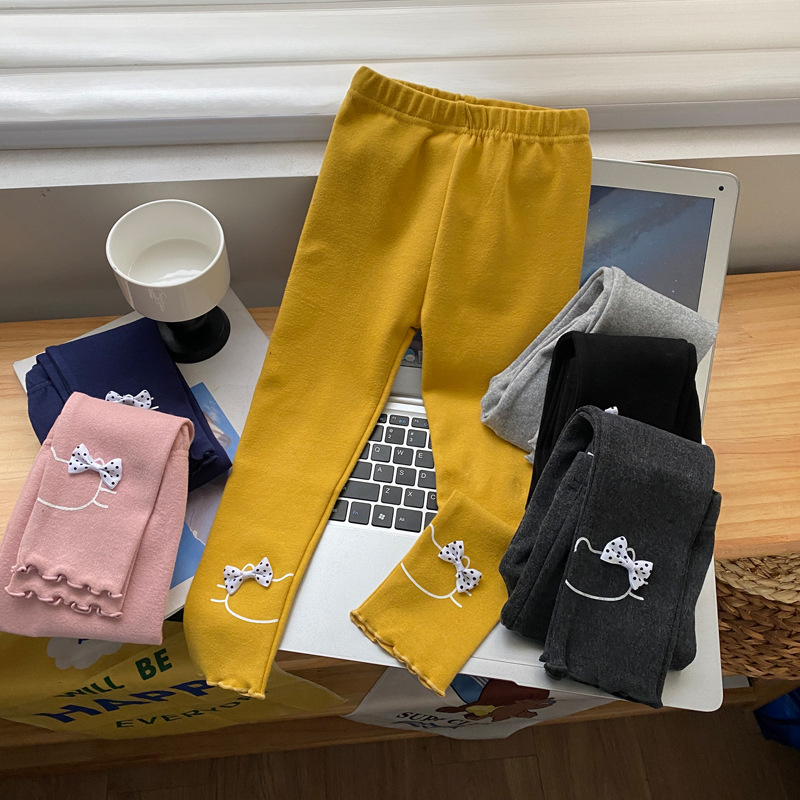 秋季新款女童打底裤弹力小猫咪蝴蝶结可爱童装童裤纯棉中小童长裤
