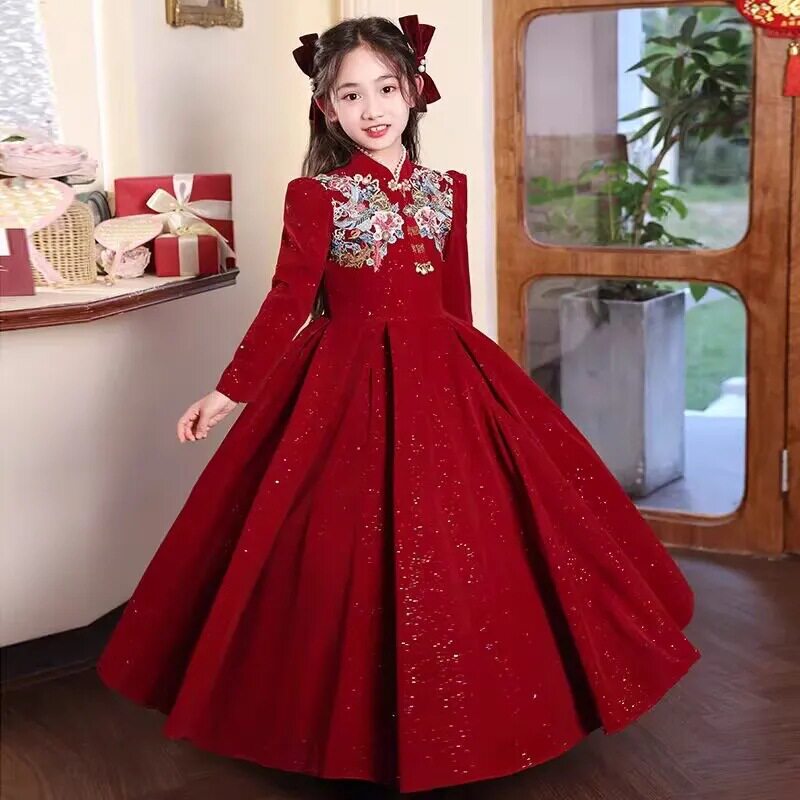 红色礼服女童秋冬公主裙花童婚礼钢琴演出服儿童喜庆拜年服