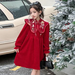 女童秋冬季新款公主风拜年服连衣裙中小学生女孩时尚喜庆礼服裙子