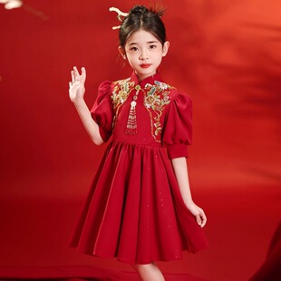 女童旗袍裙夏季新款中大童红色新中式礼服钢琴演出服连衣裙