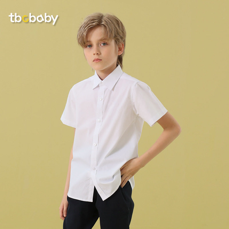 男童纯棉白色衬衫短袖小学生校服中大儿童夏款薄白衬衣表演出礼服
