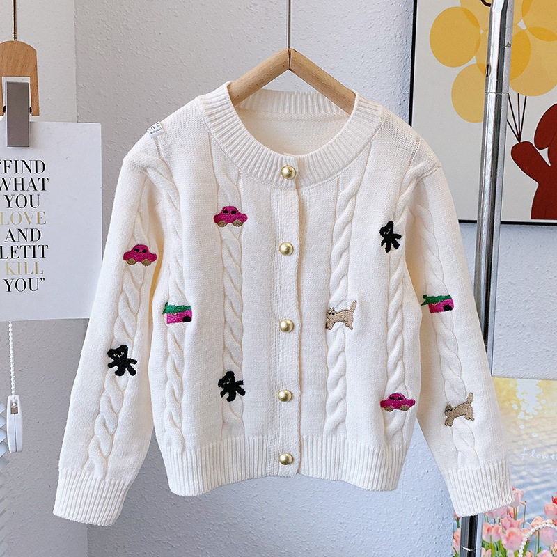 女童新款毛衣卡通开衫韩版休闲线衫粗毛线保暖洋气外套学生针织衫