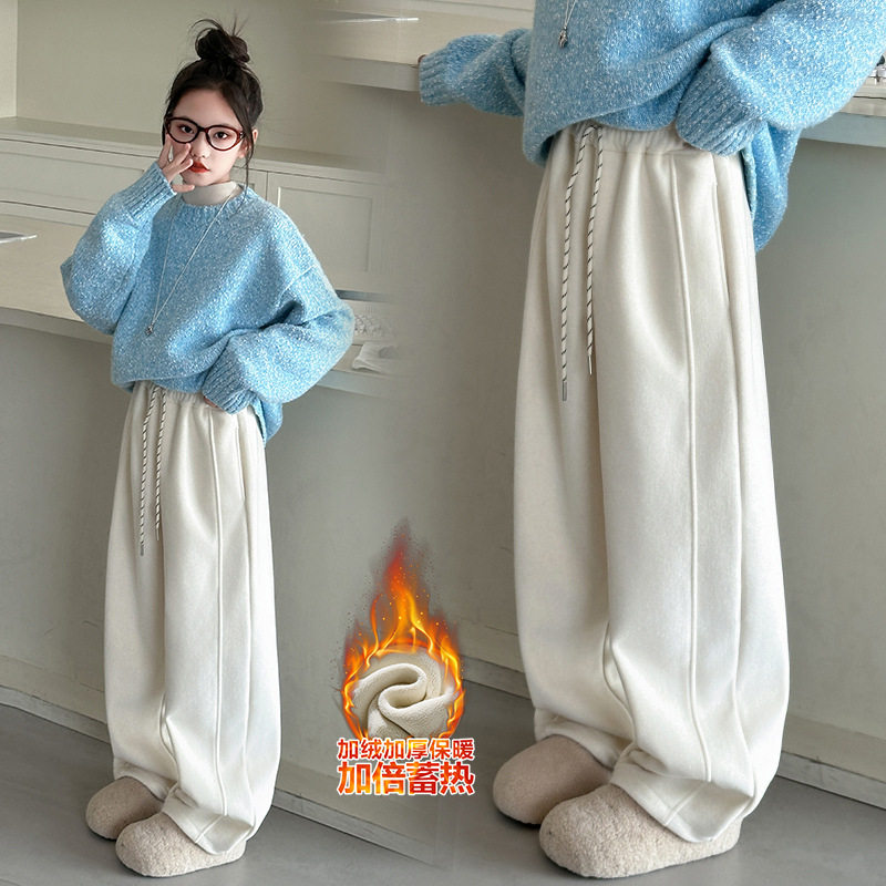 女童裤子加绒加厚2025秋冬新款糖果色羊绒弯刀裤中大童一体绒卫裤