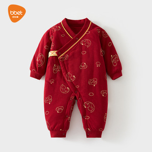 巴比象新生儿夹棉红色连体衣婴儿哈衣加棉喜庆和尚服60克宝宝衣服