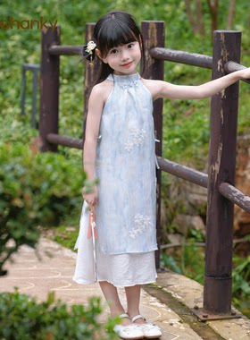 丢手绢刺绣花朵女童挂脖新中式旗袍夏季天丝中大童裙子改良版旗袍