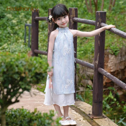 丢手绢刺绣花朵女童挂脖新中式旗袍夏季天丝中大童裙子改良版旗袍