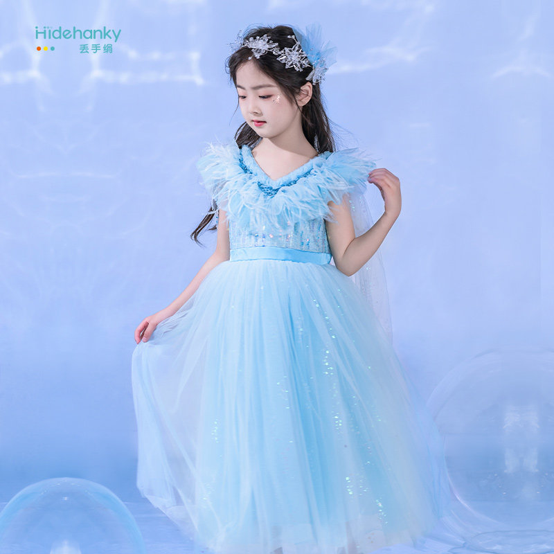 丢手绢女童公主连衣裙高端羽毛