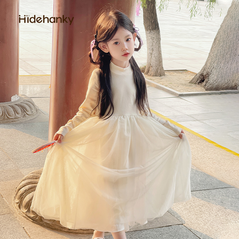 丢手绢童装婴儿棉女童连衣裙秋冬长袖儿童女孩公主裙子白色纱纱裙