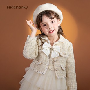 丢手绢原创女童小香风外套短款轻奢秋冬含羊毛翻领大衣时尚衣服