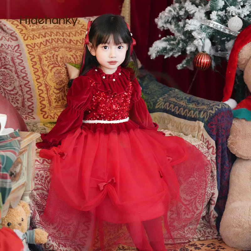 丢手绢童装新年女童公主秋冬加绒亮片红色连衣裙过年生日礼服裙子