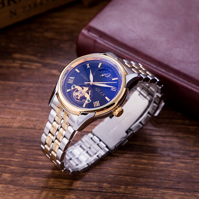 奇洛时 多功能男士机械表 全钢表双面镂空可视罗马数字月相手表