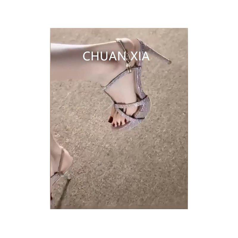 羊皮版~法式绝美闪钻露趾罗马凉鞋女气质名媛风防水台细跟高跟鞋,女鞋,罗马凉鞋,淘宝优惠券,粉丝福利购,淘宝优惠卷