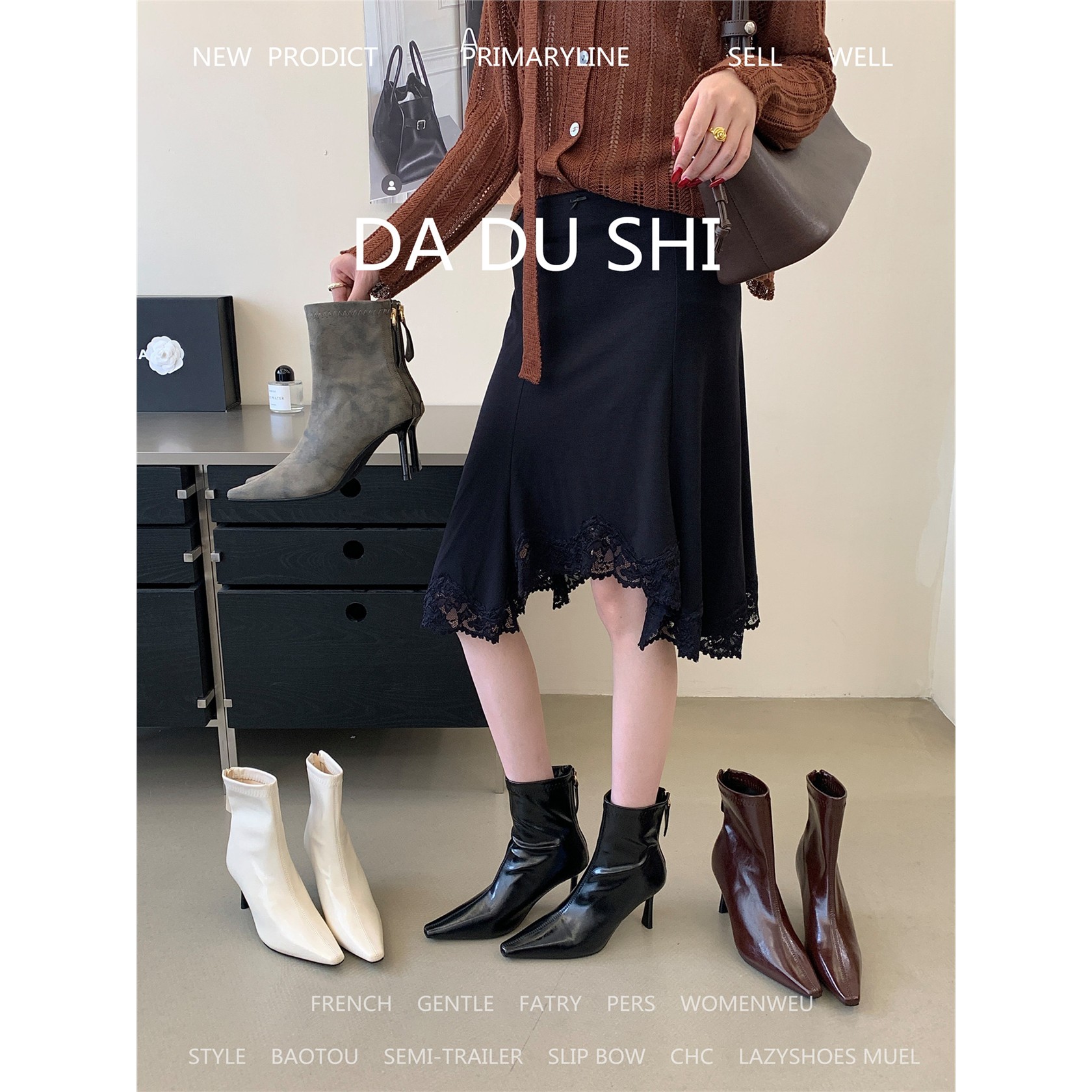 韩版尖头细跟软皮短靴女2