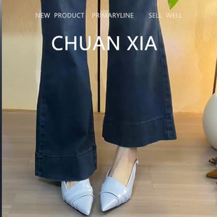 羊皮版 女坡跟配裙子高跟鞋 浅口通勤包头凉鞋 优雅风尖头褶皱单鞋