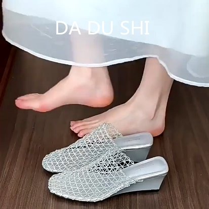 羊皮版~法式编织坡跟包头拖鞋女银色增高半拖鞋一脚蹬透气高跟鞋,女鞋,包头拖,淘宝优惠券,粉丝福利购,淘宝优惠卷