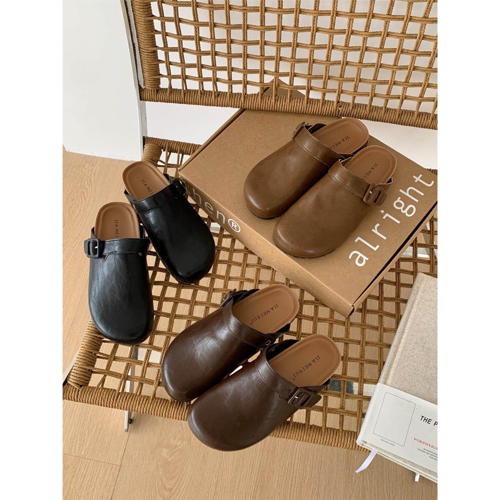 JIA MEI RUI 厚底勃肯鞋一脚蹬皮面包头半拖鞋女外穿休闲丑萌拖鞋