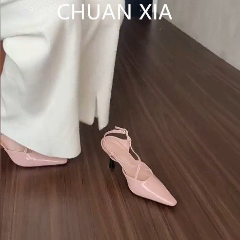 羊皮版！韩系御姐尖头高跟鞋女交叉绑带真皮包头凉鞋绝美细跟单鞋