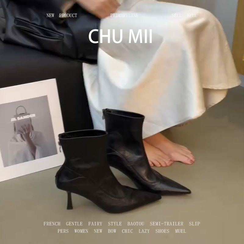 羊皮版~韩系高跟复古马丁靴女法式软皮尖头瘦瘦靴真皮设计感短靴,女鞋,时装靴,淘宝优惠券,粉丝福利购,淘宝优惠卷