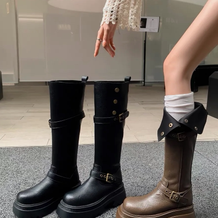 胖mm美拉德长筒靴女新款