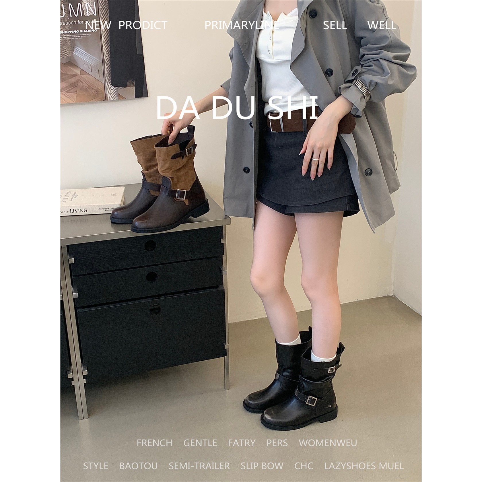 日系皮带扣骑士靴女春秋