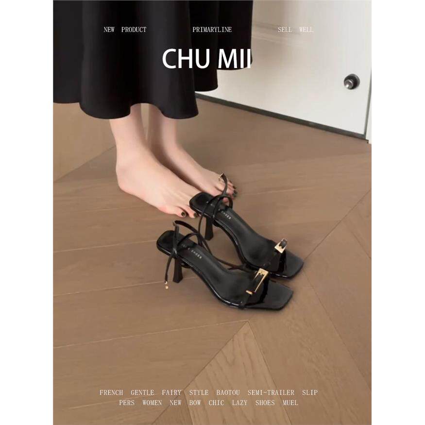 羊皮版~高跟鞋，女性金属扣，方趾细跟凉鞋，法式性感罗马凉鞋