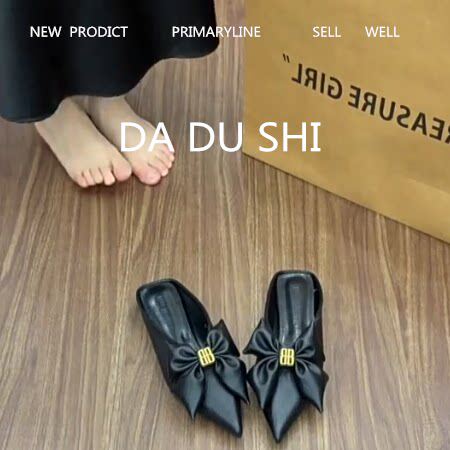羊皮版~设计感蝴蝶结包头拖鞋女平底尖头单鞋软底一脚蹬半拖鞋