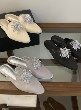 MiTing 2026新款名媛风水钻粗跟包头半拖鞋女外穿尖头高级感穆勤