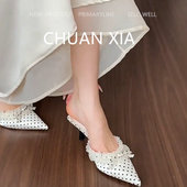 羊皮版 不累脚真皮高跟鞋 韩系仙女风尖头包鞋 女细跟波点包头凉鞋