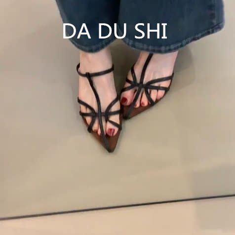 羊皮版！法式性感绑带坡跟高跟鞋女一脚蹬露趾凉拖鞋百搭真皮凉鞋