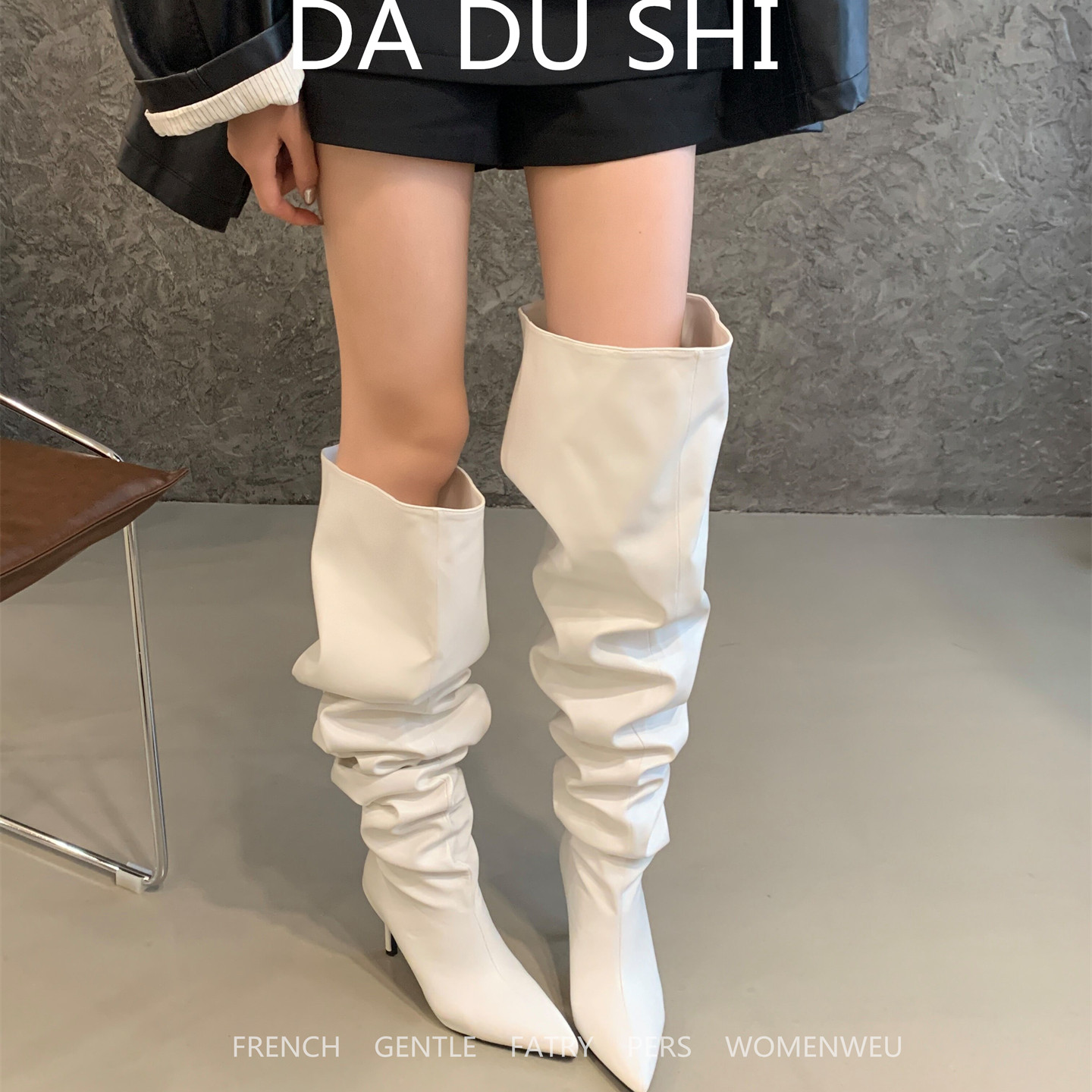 欧美风尖头细跟堆堆靴女2