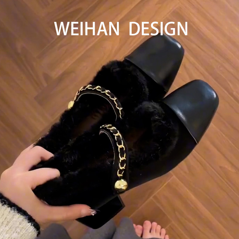 羊皮版！高级感绒面玛丽珍鞋女一字带高跟棉单鞋秋冬复古毛毛鞋
