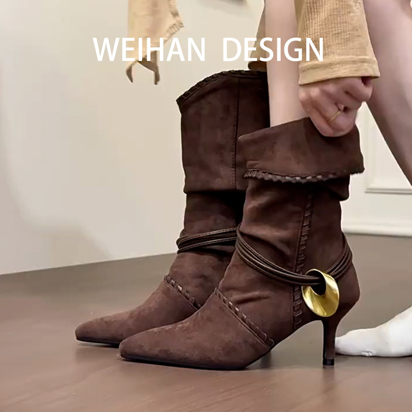 羊皮版！尖头细跟褶皱绑带堆堆靴女复古绒面金属扣高跟短靴瘦瘦靴