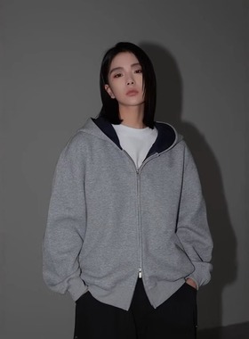 2025春秋款纯色连帽撞色拉链开衫男女同款复古简约外套