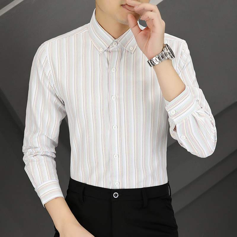 春季新款条纹百搭衬衫商务修身小码XS青年男士韩版衬衣小个子155
