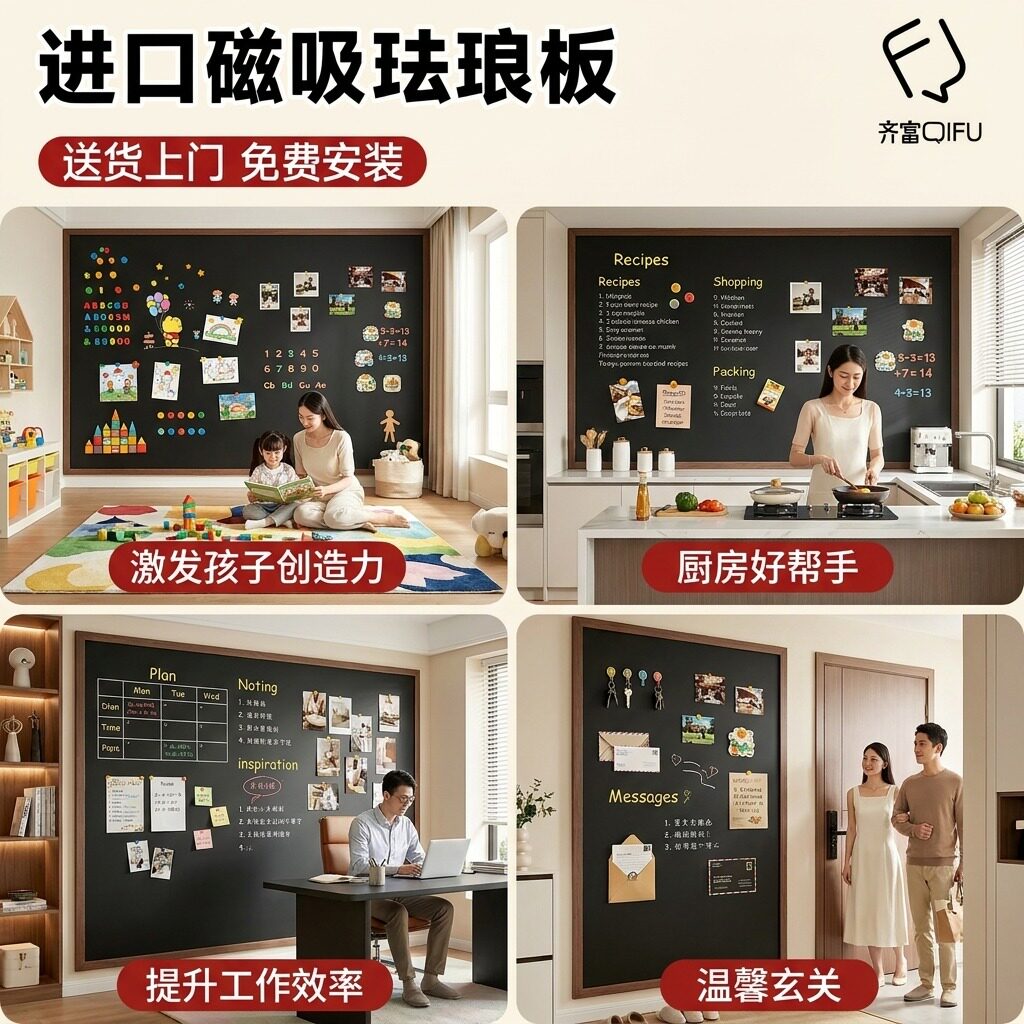 齐富育伴墙珐琅画黑板可擦写儿童涂鸦磁力画板白板写字板软木组合磁吸展示板家用墙面教学计划留言板木框定制
