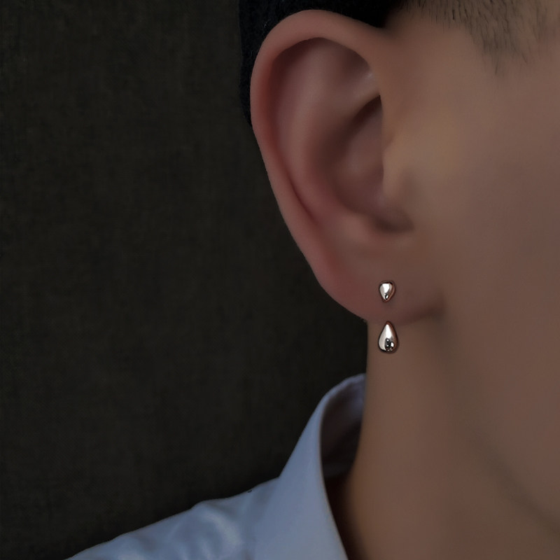 ins个性银耳钉男潮小众个性男士耳环男款单只水滴后挂式男生耳饰