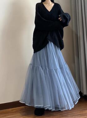 读衣术纱裙半身裙轻奢 蓝灰色重工网纱长裙 秋冬拼接长款仙女裙子