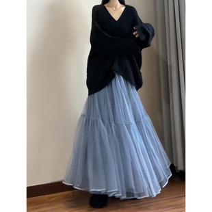 读衣术纱裙半身裙轻奢 蓝灰色重工网纱长裙 秋冬拼接长款仙女裙子