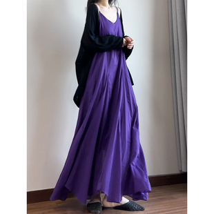 宽松显瘦长裙高个子森系复古连衣裙 读衣术紫色吊带裙夏文艺棉麻