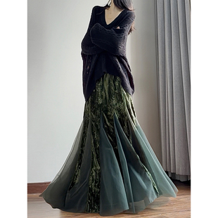 读衣术秋冬丝绒网纱半身裙 新中式国风鱼尾裙子 梨形身材遮肉长裙