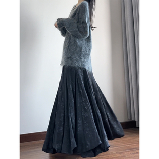 读衣术黑色提花半身裙到脚踝长裙 国风丝滑缎面印花鱼尾裙 新中式