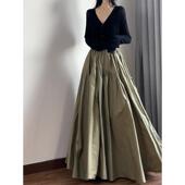 读衣术军绿色休闲大摆半身裙 春高腰蓬蓬裙伞裙 赫本风到脚踝长裙