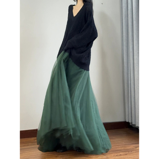 读衣术绿色绝美高端网纱长裙 秋冬多层蓬蓬裙 复古风半身裙A字裙