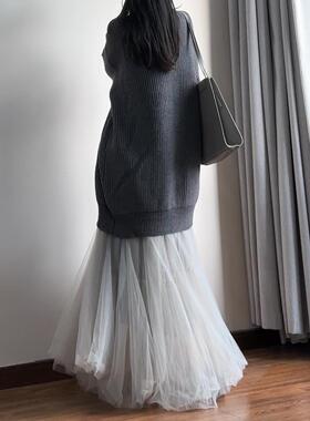 读衣术中长款灰色针织开衫女 秋冬加厚粗棒针毛衣外套 慵懒风外搭