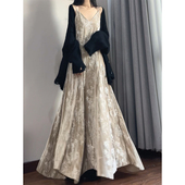 读衣术新中式 金丝绒连衣裙长裙国风吊带裙复古印花鱼尾秋冬打底裙