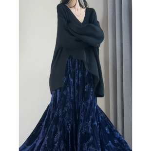 读衣术黑色宽松毛衣女长袖慵懒风针织衫上衣 秋冬内搭外穿毛线衣