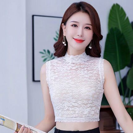 性感蕾丝小衫女无袖修身夏天内搭打底衫短款立领网纱黑色镂空上衣