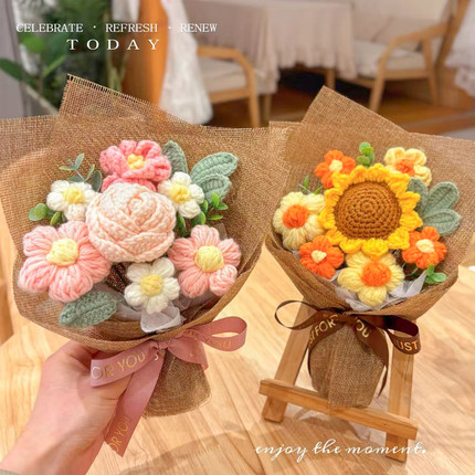迷你毛线花束成品仿真花永生花向日葵针织花束毕业送女友生日礼物